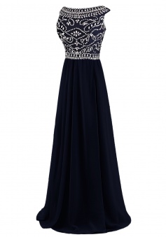 Elegant A-line Bateau Black Chiffon Long Prom Dress Evening Gowns With Beading