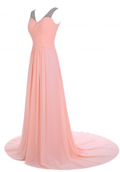 Elegant A-line Sweep Train V-neck Chiffon Beading Pink Prom Dress Evening Gowns