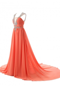 Sexy A-line V-neck Sweep Train Orange Prom Dress With Sequins