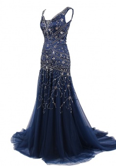 Elegant A-line Scoop Neck  Sweep Train Tulle Lace-up Sleeveless Beaded Navy Blue Prom/Evening Dress