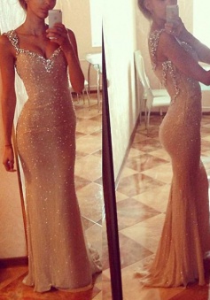 Mermaid Long Gold Sequined Sweetheart  Prom Evening Dress with Beading