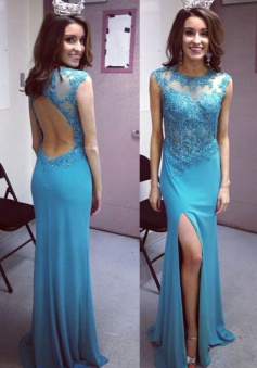 Elegant Mermaid Prom Dress - Sweep Train Blue Backless Split Front