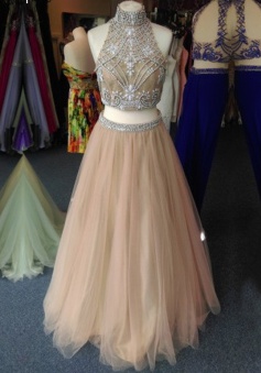 A-line High Neck Tulle Two Piece Sleeveless Beaded Khaki Long Prom Evening Dress