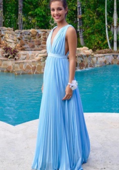 Sexy A-line Floor-length V-neck Blue Chiffon Prom Dress