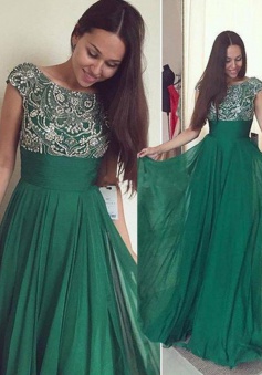 Elegant Empire Cap Sleeves Green Chiffon Prom Dress