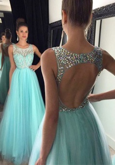 Elegant A-line Bateau Backless Prom Dress With Beading