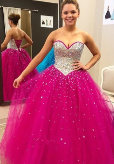 Elegant Ball Gown Coral Sweetheart Tulle Prom Dress With Sequins