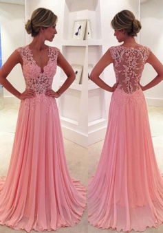 A-Line V-Neck Sweep Train Side-Zipper Pink Chiffon Prom Dress with Appliques