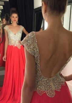 Timeless A-Line V-Neck Cap Sleeves Red Prom/Evening Dress with Beading