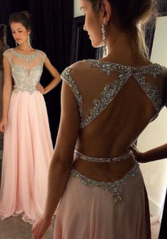 Sexy A-Line Bateau Floor Length Cap Sleeves Pink Prom/Evening Dress with Beading