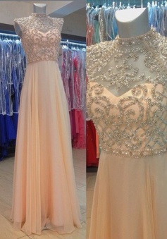 Glamorous A-Line High Neck Floor Length Pink Prom Dress/Evening Dress with Pearls