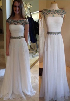 Classic A-Line Bateau Floor Length Cap Sleeves White Prom Dress/Evening Dress with Sash