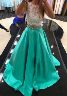 Two Piece Prom Dress/Evening Dress - Mint A-Line Scoop Court Train Lace