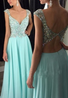 Sexy A-Line V-Neck Floor Length Blue Prom Dress/Evening Dress with Beading