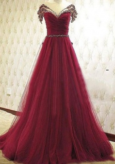 Elegant A-Line Off-the-Shoulder Court Train Burgundy Prom Dress/Evening Dress with Ruffles