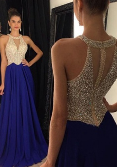 Sexy A-Line Crew Neck Floor Length Royal Blue Prom Dress/Evening Dress with Beading