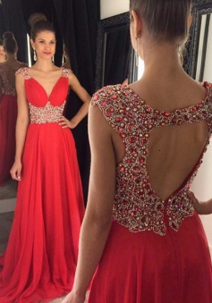 Elegant  A-Line V-Neck Sweep Train Red Prom Dress/Evening Dress with Rhinestone