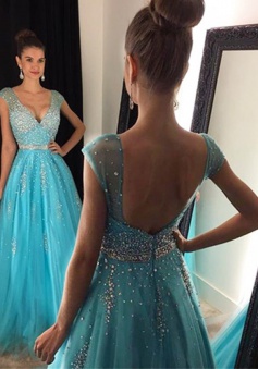 Gorgeous A-Line V-Neck Floor Length Cap Sleeves Prom Dress/Evening Dress with Beading