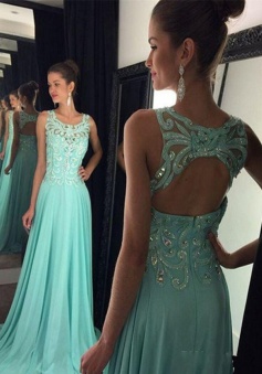 Sexy A-Line Square Neck Sweep Train Green Prom Dress/Evening Dress with Appliques