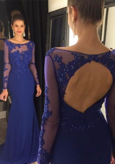 Mermaid Prom Dress/Evening Dress - Royal Blue Bateau Sweep Train Long Sleeves