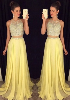 Two Piece Prom Dress/Evening Dress - Yellow A-Line Crew Neck Sweep Train Beading