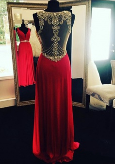 Glamorous Sheath V-Neck Floor Length Red Prom Dress/Evening Dress with Beading