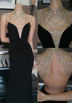 Mermaid Prom Dress/Evening Dress - Black High Neck Floor Length Beading
