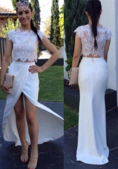 Two Piece Prom Dress/Evening Dress - White Mermaid Crew Neck Floor Length Cap Sleeves