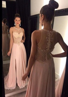 Long O'neck Prom Dress - See Through Back with Side Slit