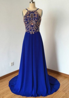 Elegant Crew Chiffon Beading Bckless Royal Blue Long Prom Dress Evening Gowns