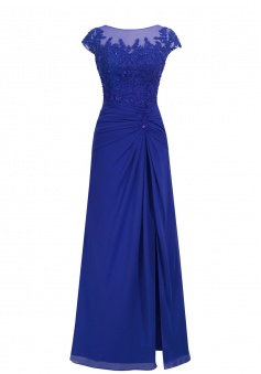 A-line Scoop Chiffon Cap Sleeves Royal Blue Long Prom/Evening Dress With Appliques