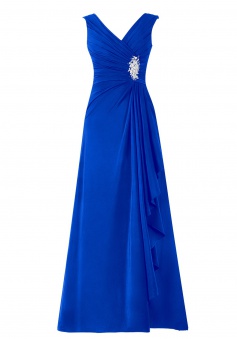 Fashion V-neck A-line Long Royal Blue Prom/Party Dress With Rhinestone