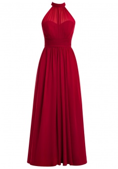 Simple A-line High Neck Chiffon Sleeveless Ruffles Red Prom Dress Evening Gowns