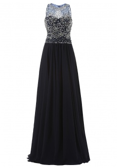 Elegant Jewel A-line Beading Long Black Prom/Evening Dress