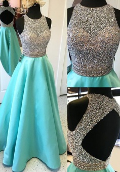 A-Line Jewel Floor-Length Open Back Green Stretch Satin Prom Dress with Beading