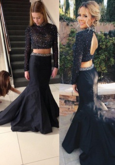 Two-pieces High-neck Black Long Sleeves Prom Dress with Beads