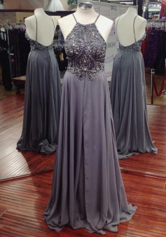 Luxurious A-line Long Chiffon Beaded Prom Dress with Backless