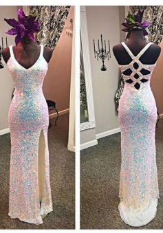 Luxurious Mermaid V-neck Sweep Train Spandex Sleeveless Backless Long Prom Dress with Beaded