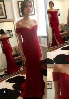 Mermaid Off-the-Shoulder Sweep Train Side-Zipper Red Stretch Satin Prom Dress