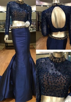 Two-pieces Mermaid Long Prom Dress - Long Sleeves Beading Open Back