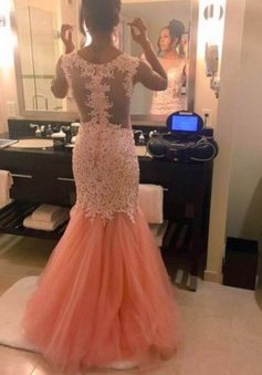 Mermaid Long Sleeveless Sheer Lace Applique Prom Dress