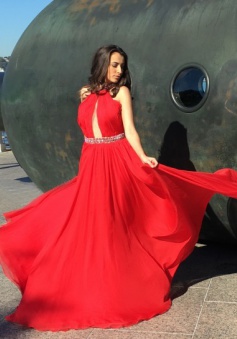 Gorgeous A-line Beaded Long Red Chiffon Prom Dress with Backless