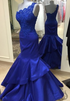 Mermaid One-Shoulder Sweep Train Royal Blue Satin Prom Dress with Appliques Beading