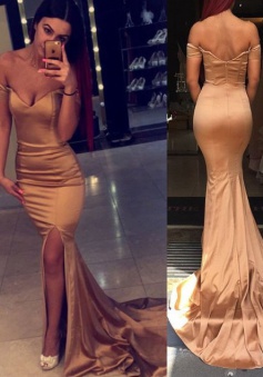 Mermaid Off-the-Shoulder Sweep Train Split-Side Gold Stretch Satin Prom Dress