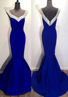 Elegant Mermaid V-neck  Sweep Train Satin Sleeveless Royal Blue Long Prom Dress with Beaded