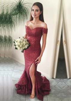 Mermaid Off-the-Shoulder Sweep Train Red Sequined Prom Dress with Ruffles