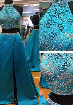 Two piece High Neck Sweep Train Satin Sleeveless Beaded Backless Long Blue Prom Dress