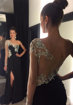 Gorgeous Black Long Prom Dress - Sheer Single Sleeves with Side Slit