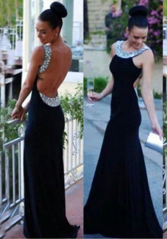 Hot Black Beads Neckline Long Prom Dress with Backless 