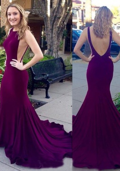 Mermaid Crew Court Train Backless Sleeveless Burgundy Stretch Satin Prom Dress